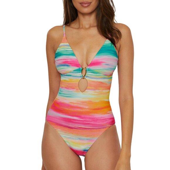 Becca Womens Standard Verano One Piece Swimsuit 151057 Multi Pink S - Picture 7 of 9